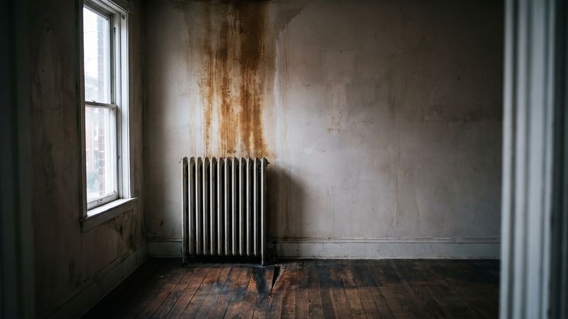 Rust-brown radiator leak water damage staining the plaster above a column radiator in an empty DC row house room.