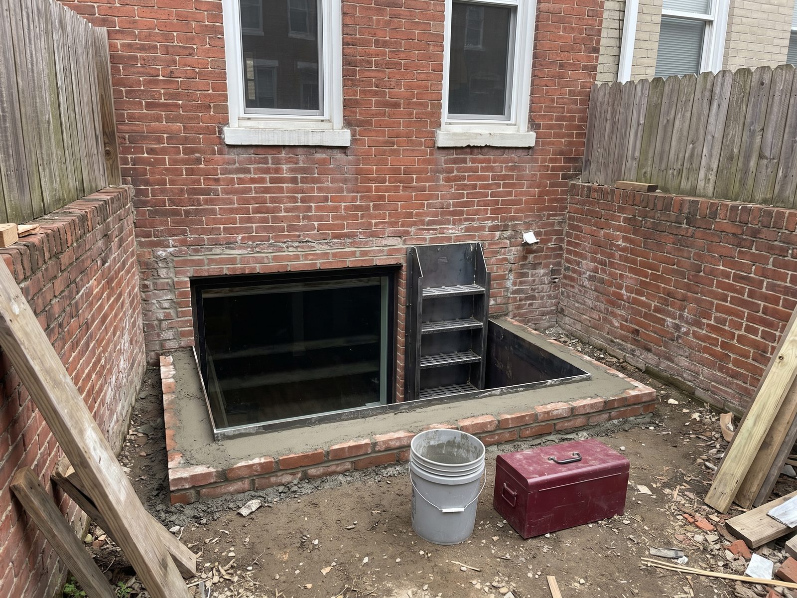 Egress window well at a row-house rear New egress window well at the rear of a brick row house, a metal step ladder inside and fresh masonry around it.