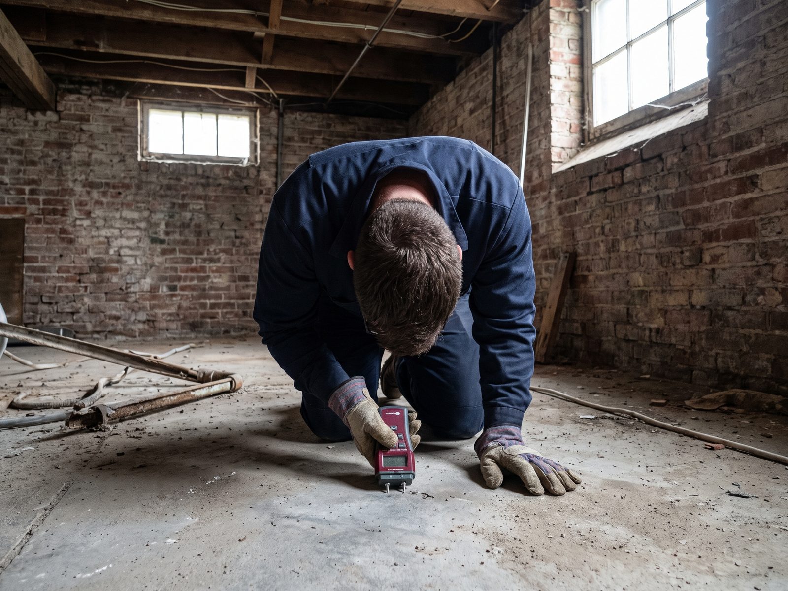 Checking the slab before flooring goes back Technician checking a bare basement slab with a moisture meter before new flooring is installed.