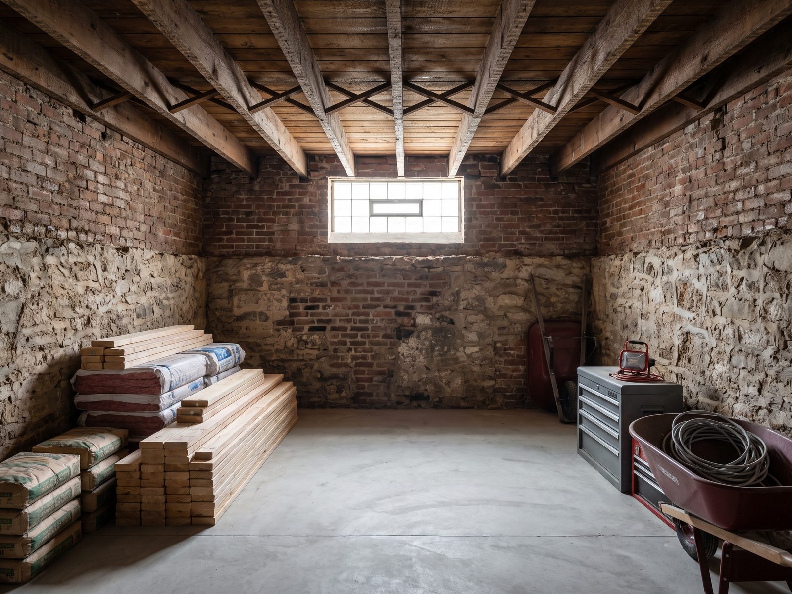 Gutted below-grade apartment awaiting rebuild Below-grade room stripped to bare masonry and joists, with lumber stacked under one small high window.