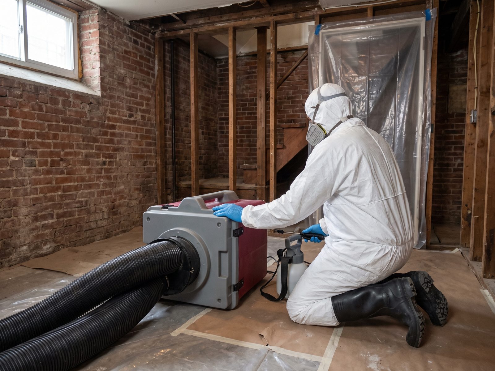 Decontamination equipment staged in a stripped basement Technician in a white coverall and half-face respirator positioning a HEPA air scrubber in a stripped below-grade room.