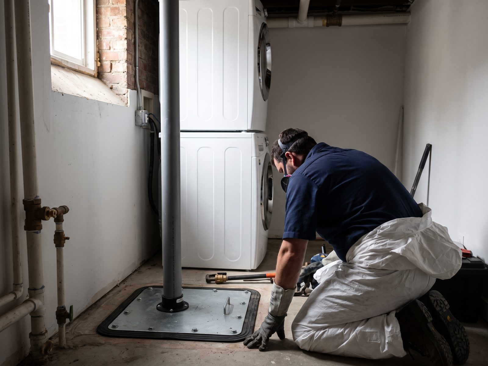 Ejector pit in a finished basement utility corner Sealed sewage ejector pit with lid and vent pipe in a basement utility corner, a technician kneeling beside it.