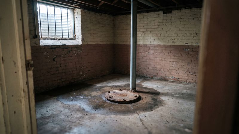 Sewage ejector pit lid sealed into a bare DC basement slab, vent pipe rising, a damp ring spread across the concrete.