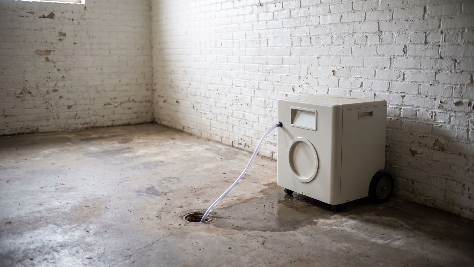 Wheeled dehumidifier draining to a basement floor drain, the drying stage of sewer backup cleanup in DC