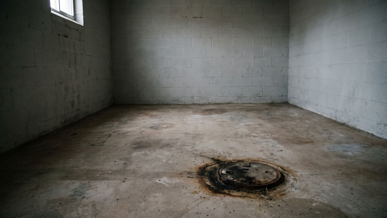 Round floor cleanout ringed with dark staining in a bare basement, where a combined sewer system backs up in DC