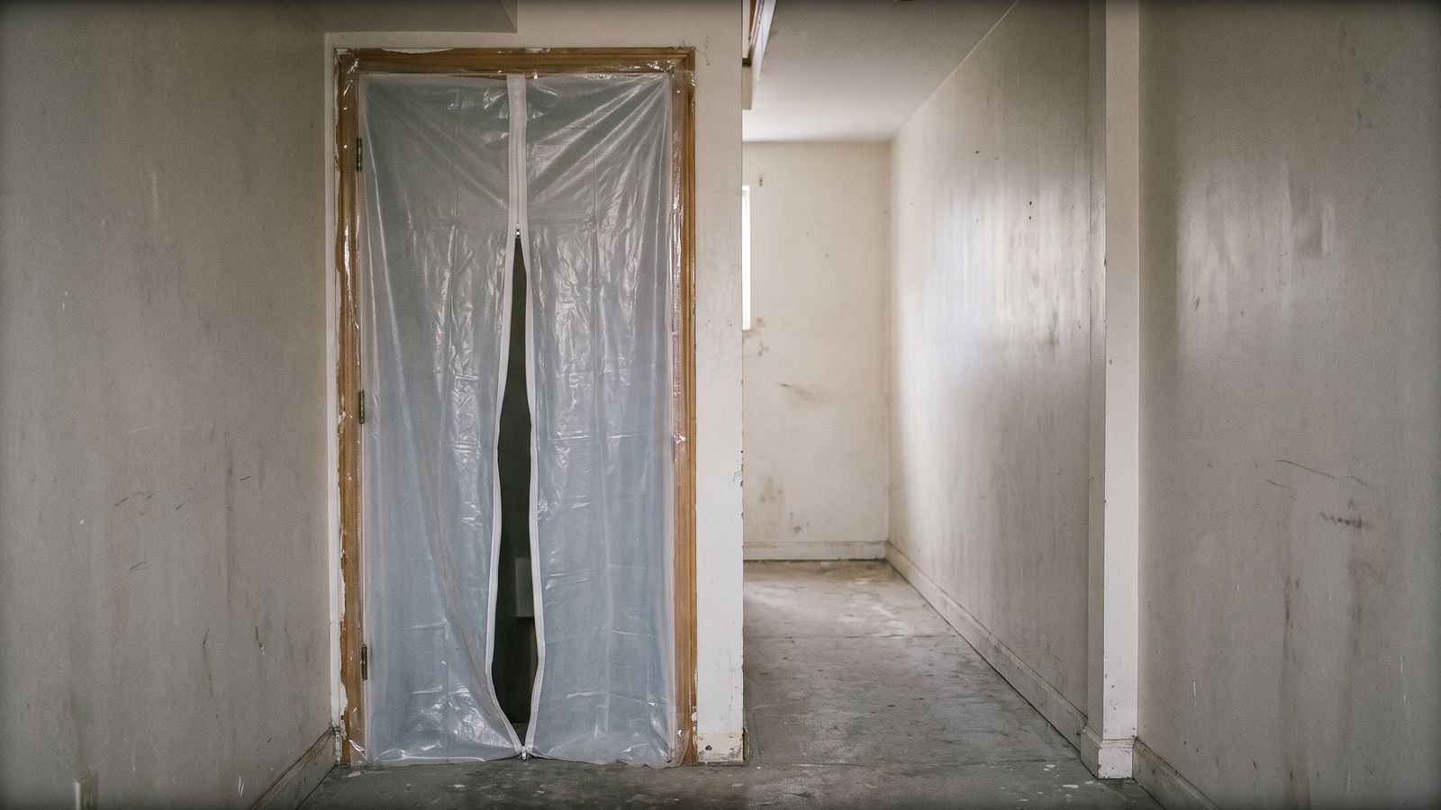 Doorway sealed in plastic sheeting with a zip flap, the containment used for category 3 water cleanup in DC