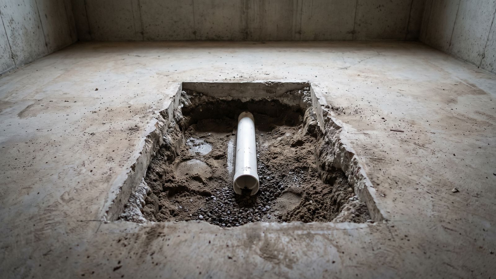 White drain line exposed in a trench cut through a basement slab, where a backwater valve goes in to stop sewer backup