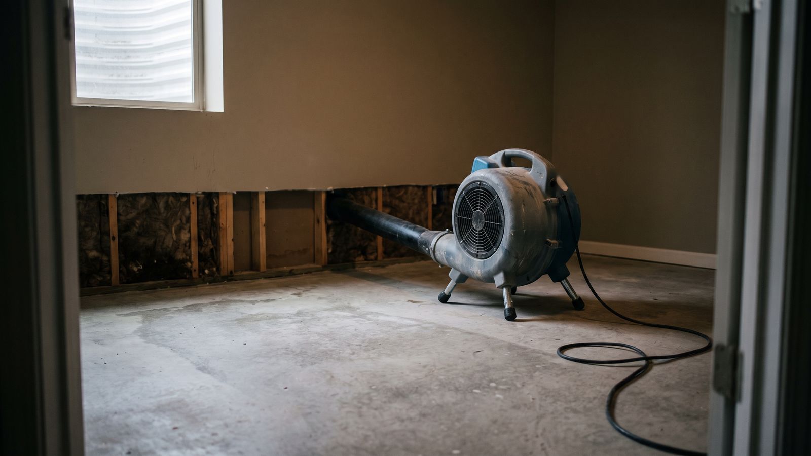 Sewer backup structural drying DC: air mover set Air mover on a bare slab beside a flood-cut wall with studs and insulation exposed for sewer backup structural drying in DC