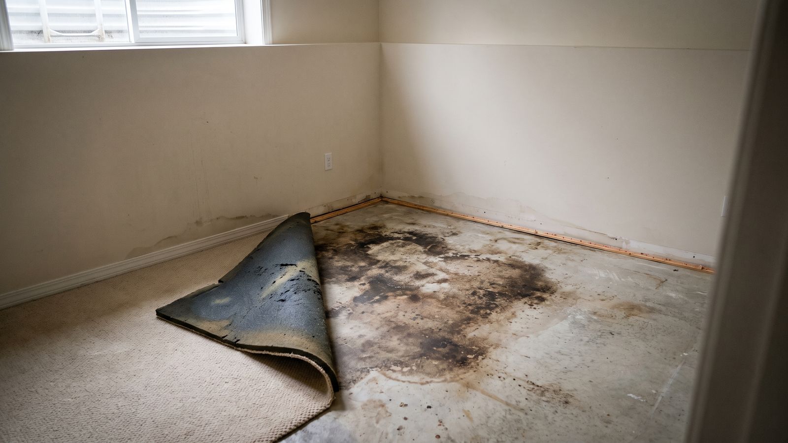 Category 3 sewer backup cleanup DC: carpet removal Carpet and pad peeled off the tack strip over a stained slab during Category 3 sewer backup cleanup in DC
