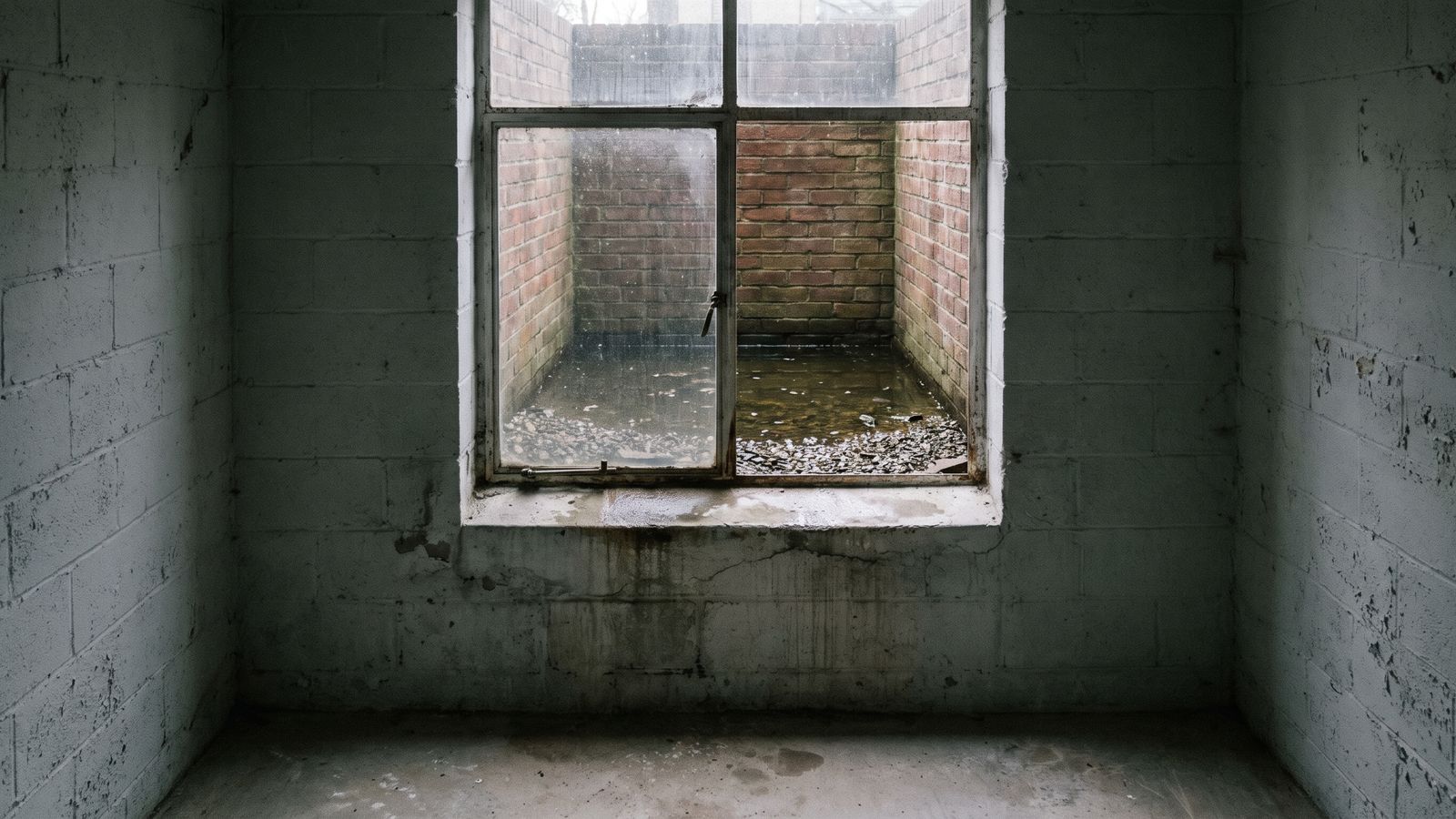 Sewer backup vs flood insurance DC: window well Standing water in a brick window well seen from a basement room, the line between sewer backup vs flood insurance in DC