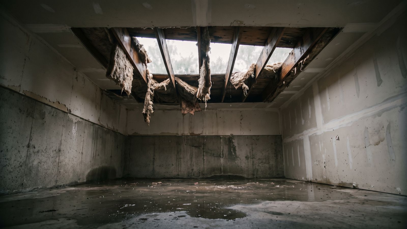Ceiling cut open below a breached roof deck, a storm damage DC entry path, exposing wet joists and torn insulation.
