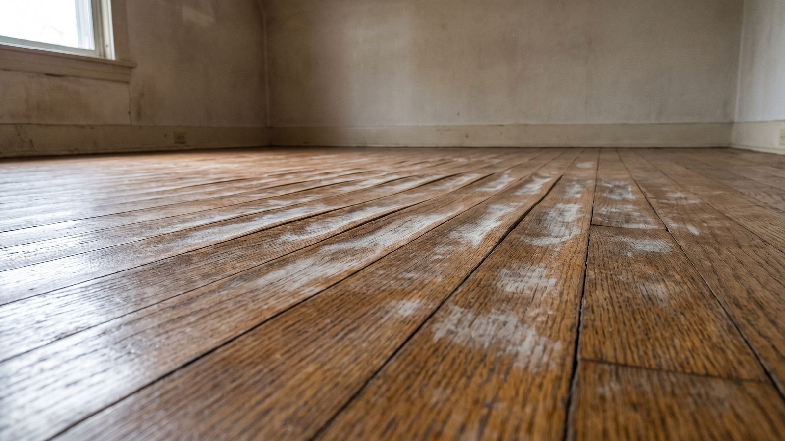 Oak strip flooring cupped into ridges with gapped joints and white clouded finish, the material record of storm damage DC.