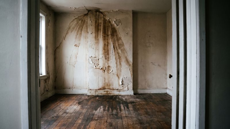 Brown water stain fanning down an empty room's plaster wall above a wet wood floor, typical storm damage DC homes take on.