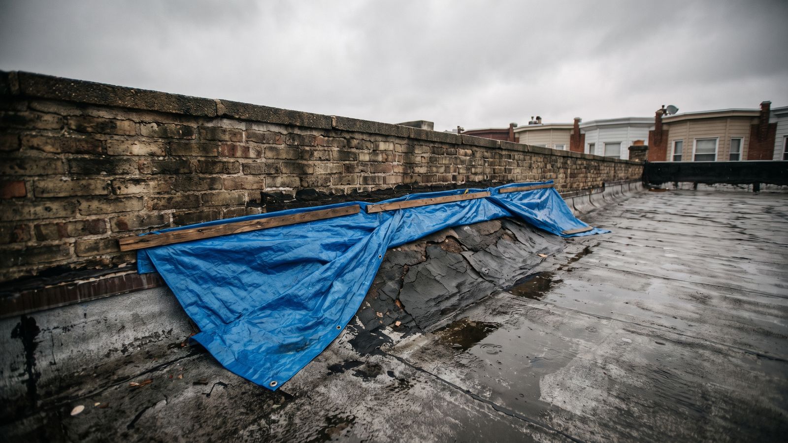 Blue poly tarp battened with wood strips over failed membrane at a brick parapet, an emergency storm damage DC roof cover.