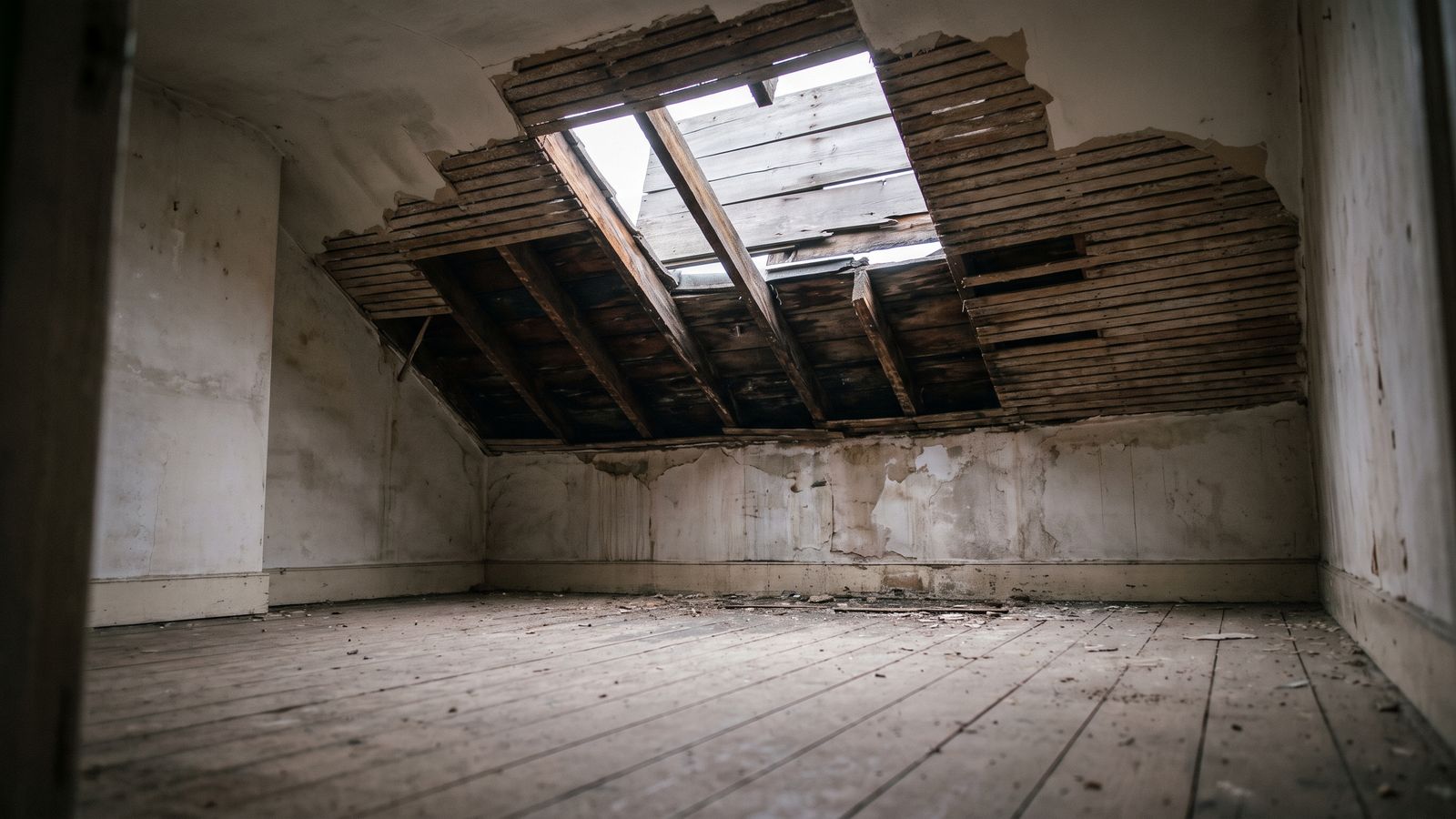 Lath ceiling broken away from the rafters below a holed roof deck, the inside face of storm damage DC roof losses.