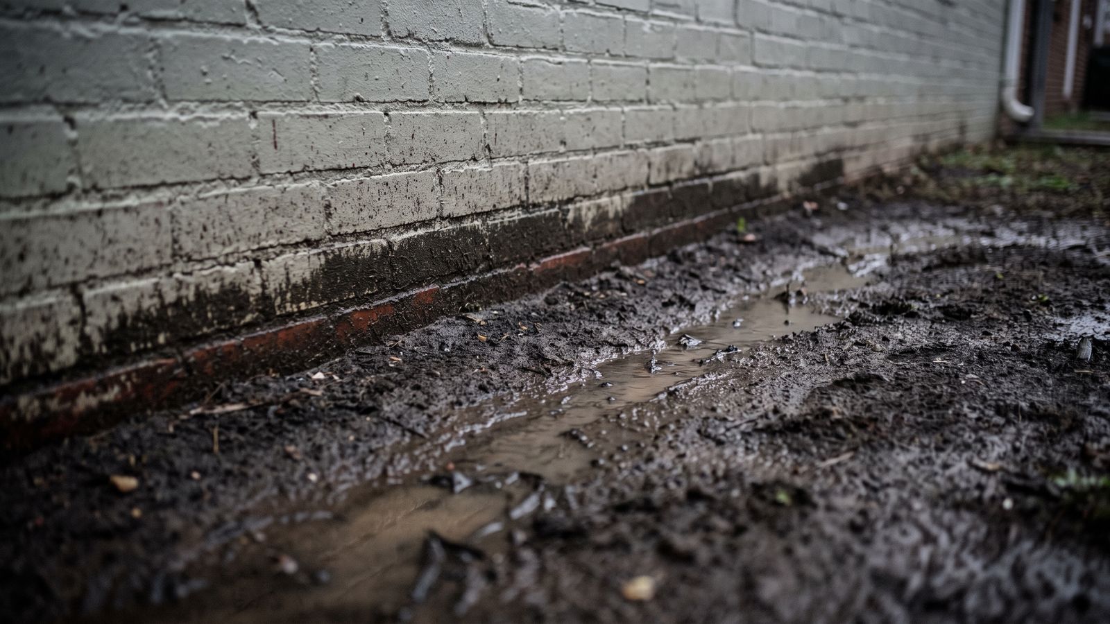 Rain pooling against a brick foundation wall Rainwater pooled in saturated soil against a painted brick foundation wall, the inflow that overwhelms a sump pump.