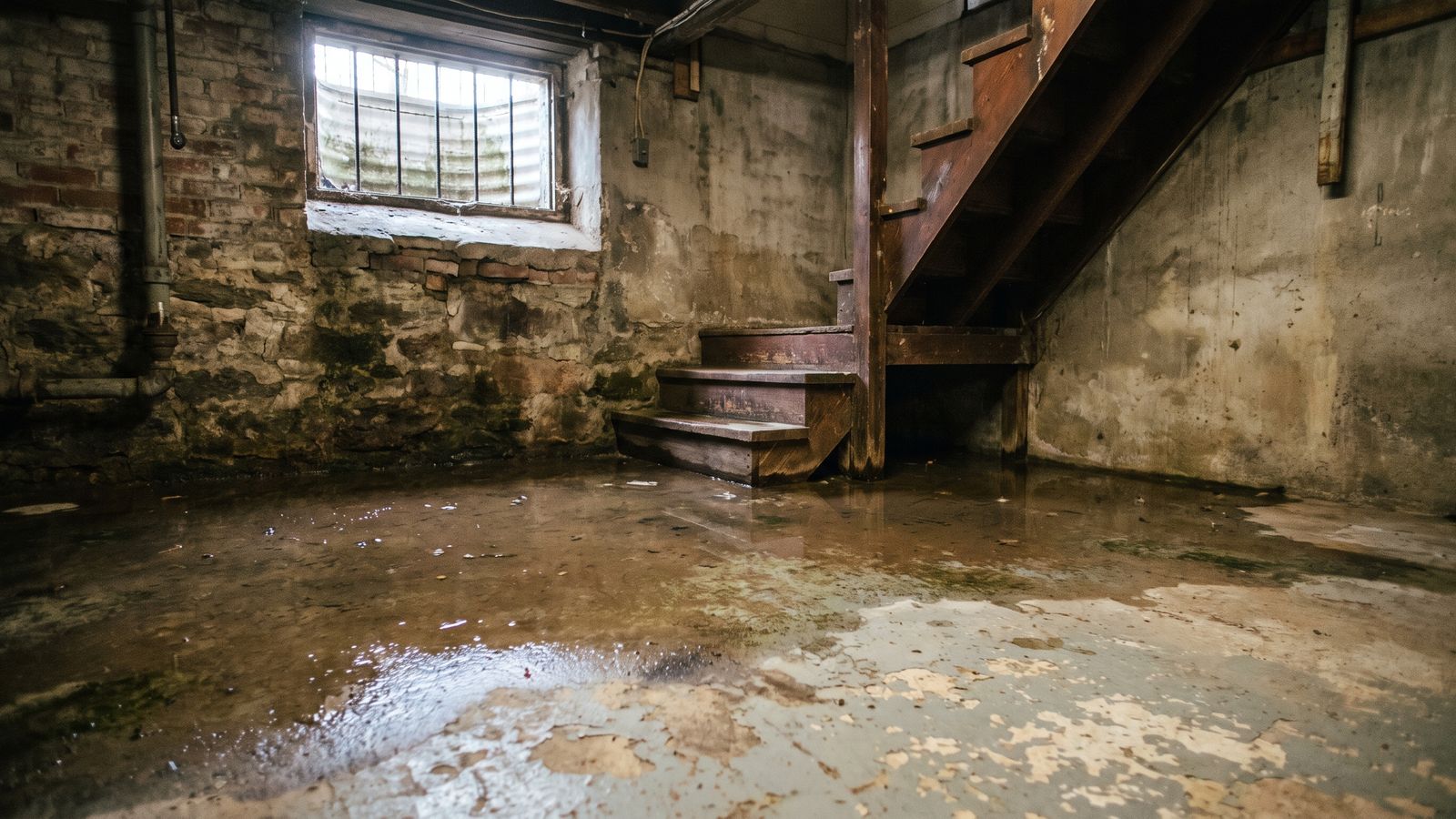 Standing water on a basement slab at the stairs Standing water across a basement slab and the lowest stair treads after the sump pump failure DC storms cause.