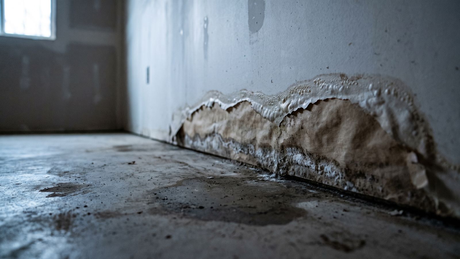 Peeling drywall paper above a damp basement slab Bubbled and peeling drywall paper above a damp concrete slab, the wicking damage sump pump failure DC leaves.