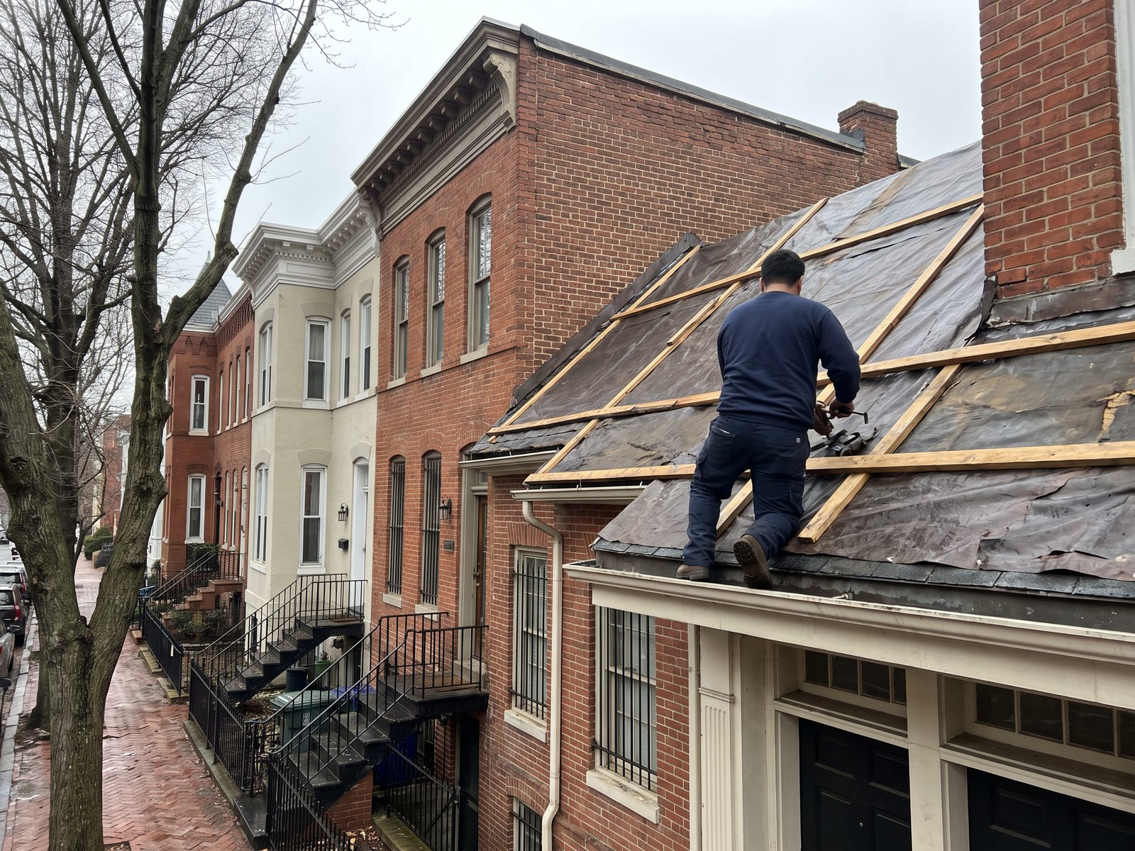 Tarping a damaged roof section Technician kneeling on a row house roof fastening battens over a dark tarp, brick row houses behind.