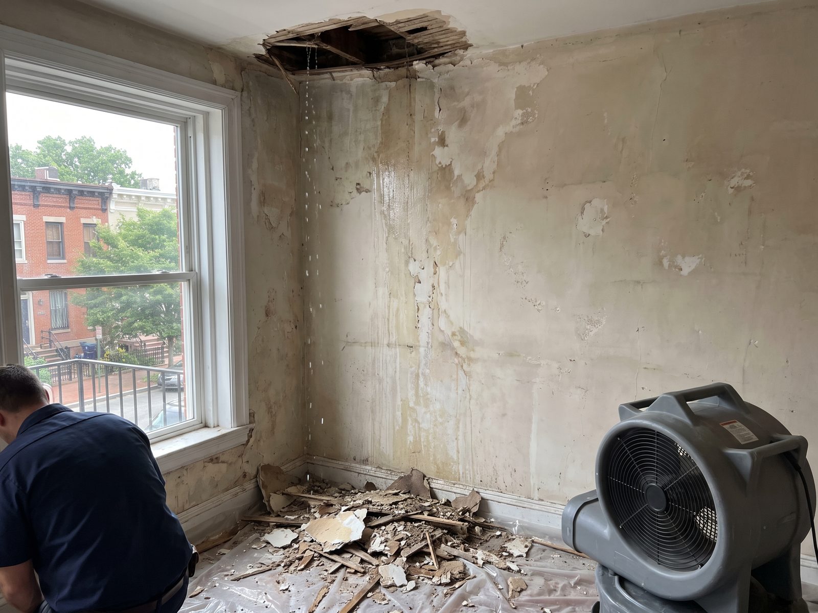 Water entering through a ceiling breach Water running down an interior wall from a ceiling breach with plaster debris on a covered floor and an air mover nearby.