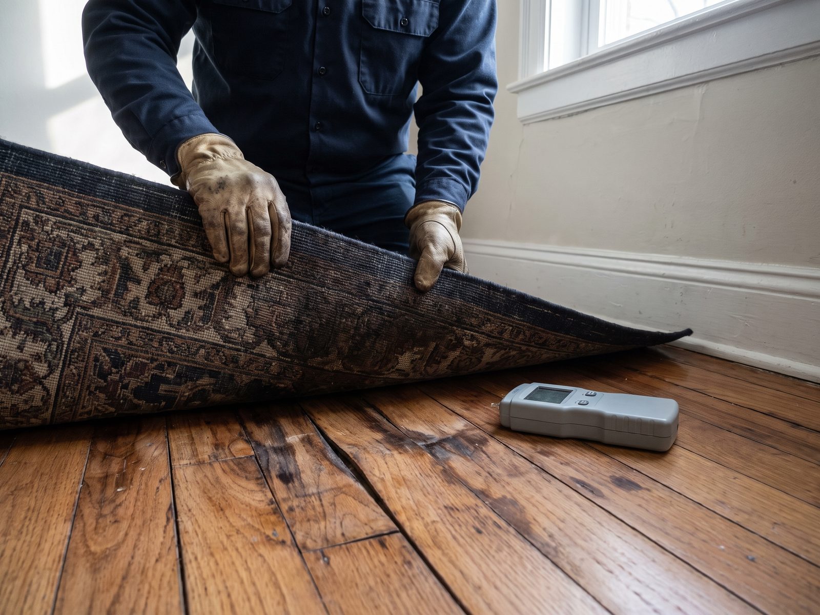 Cupped hardwood under a saturated rug Saturated rug edge being lifted from water-stained hardwood with a moisture meter set down beside it.