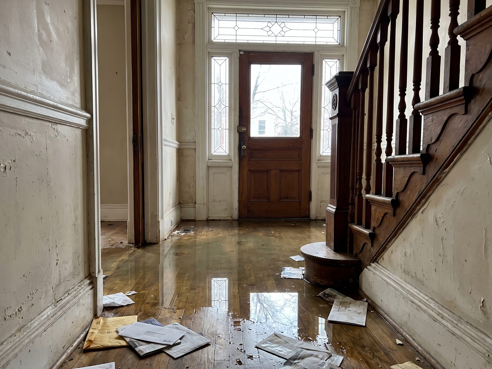 Standing water in a row-house front hall Standing water across a row-house front hall reaching the foot of the stairs, with mail scattered on the wet hardwood.