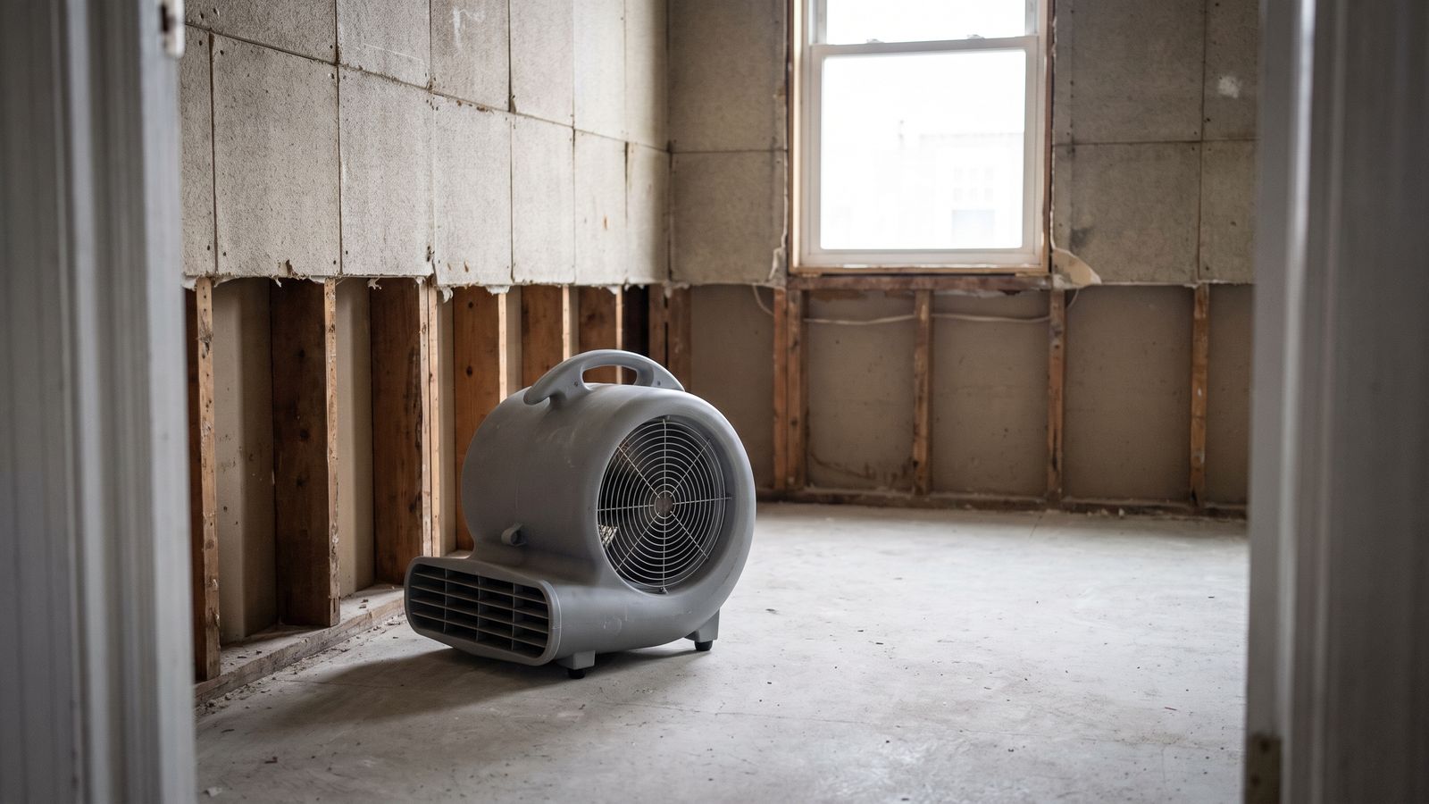 Centrifugal air mover drying an opened stud wall in a stripped room after water damage in a DC row house