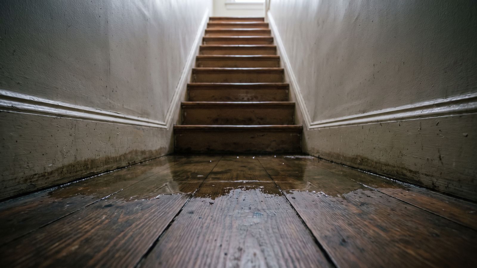 Standing water spreading across plank floorboards at the foot of a narrow stair after water damage in a DC row house