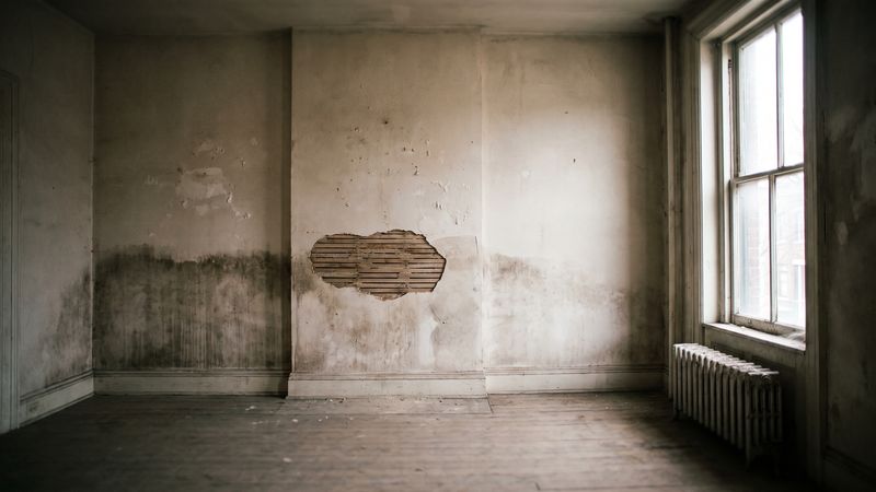 Damp tide line and blistered plaster exposing bare lath in an empty room after water damage in a DC row house