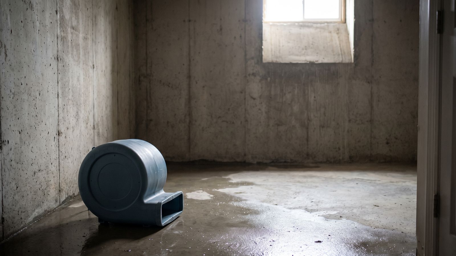 Centrifugal air mover on a wet concrete slab in an empty below-grade room, basement structural drying DC.