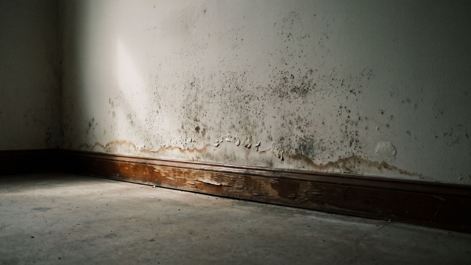 Gray-black speckling spreading up damp drywall above a swollen baseboard, mold after water damage DC.