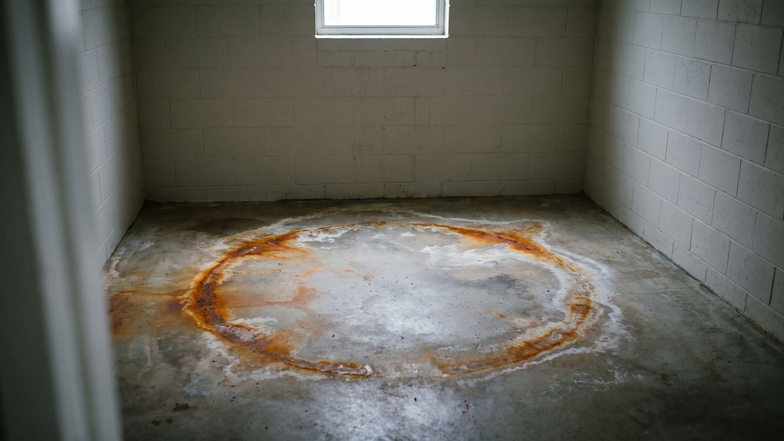 Rust ring and pale mineral scale dried onto a damp utility-room slab, showing why water heaters burst.
