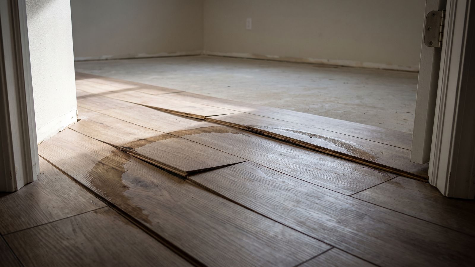 Engineered plank flooring swollen and lifted at a doorway threshold after a water heater burst DC cleanup.