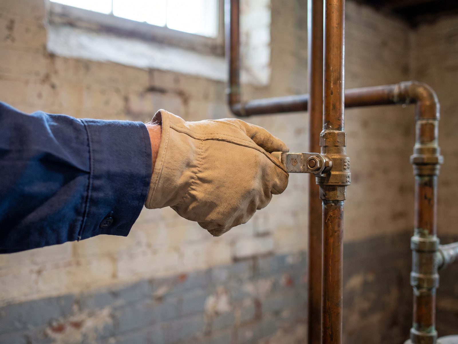 Closing a quarter-turn ball valve Gloved hand closing a quarter-turn ball valve on a copper water line.