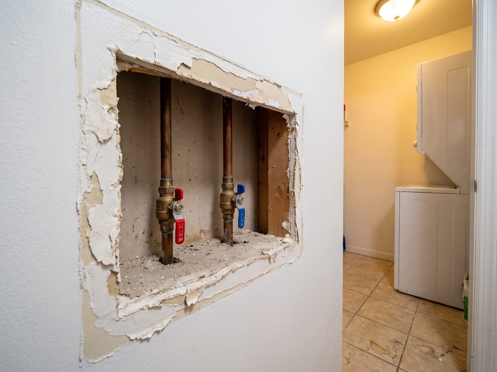 Riser valves found after opening a condo wall Two quarter-turn ball valves on the hot and cold risers inside an opened wall cavity beside a condo laundry closet.