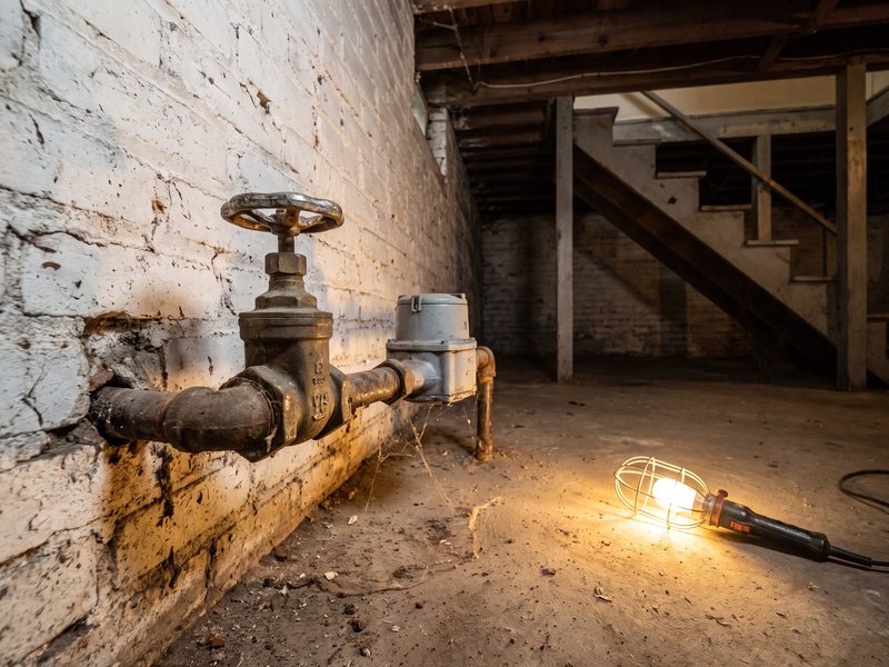 Old gate valve and water meter where the service line enters an unfinished basement through a painted brick foundation wall.