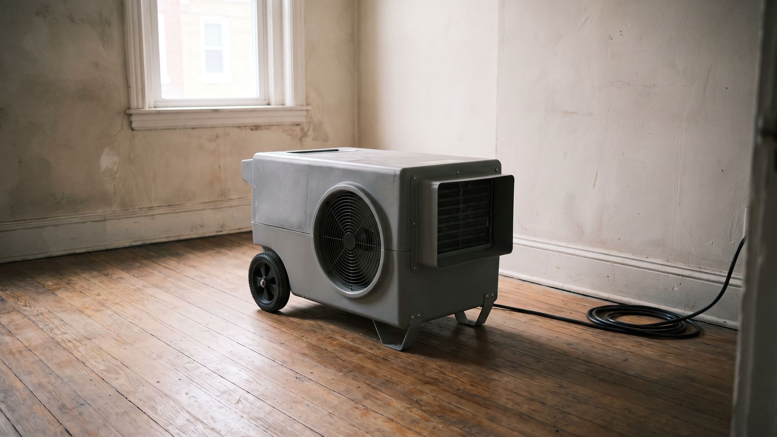 A professional dehumidifier stands on a bare wood floor with its power cord running to a coil by the wall