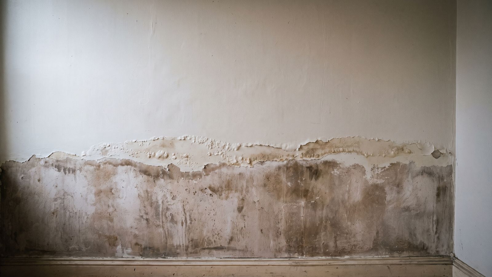 A painted plaster wall shows a horizontal tide line where paint has blistered and lifted above a discolored lower band