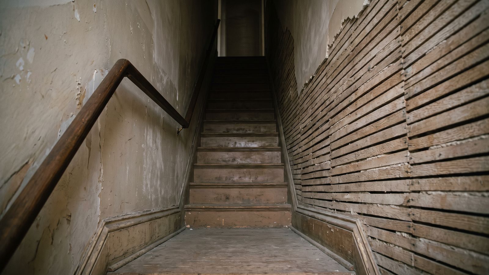 A narrow row-house staircase rises into shadow between a peeling plaster wall and a wall stripped to bare wood lath