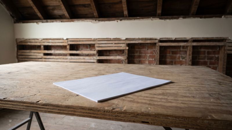 A single unmarked document lies alone on a plywood table in a gutted row-house room with exposed lath and brick behind it