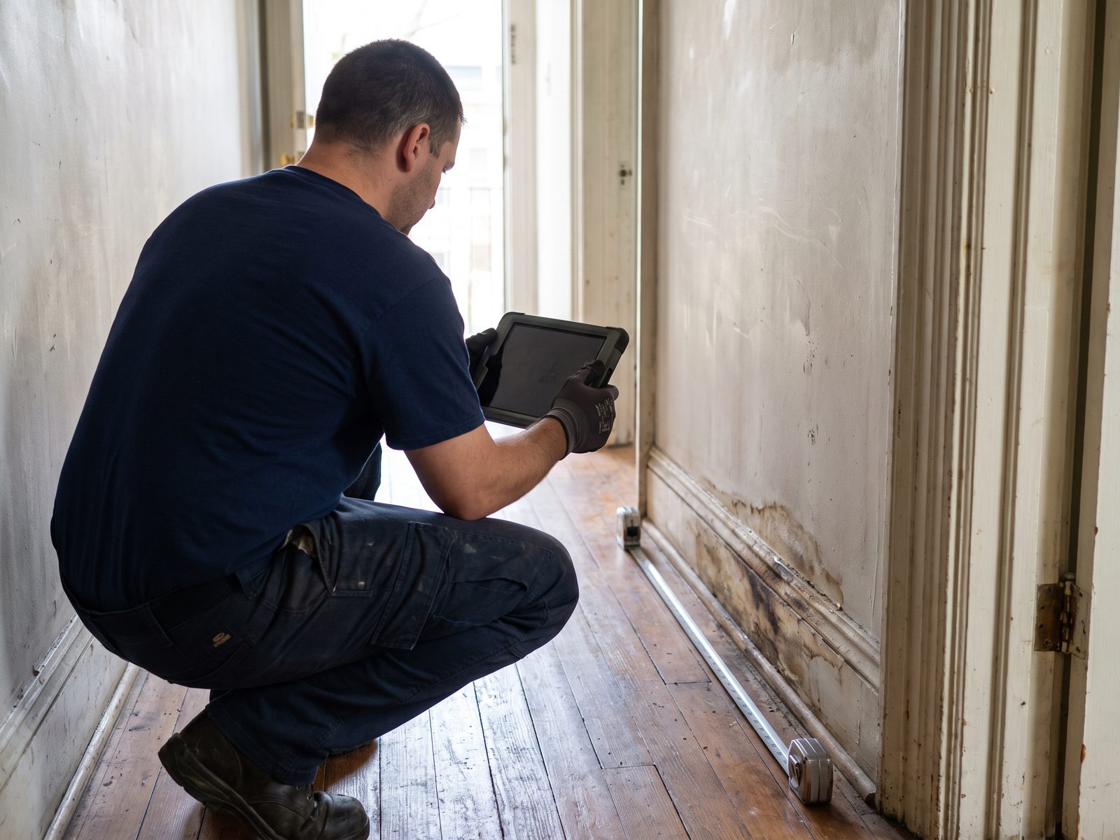 Documenting damaged baseboard for a claim Technician photographing a water-damaged baseboard with a tablet while a tape measure lies along the hallway wall.