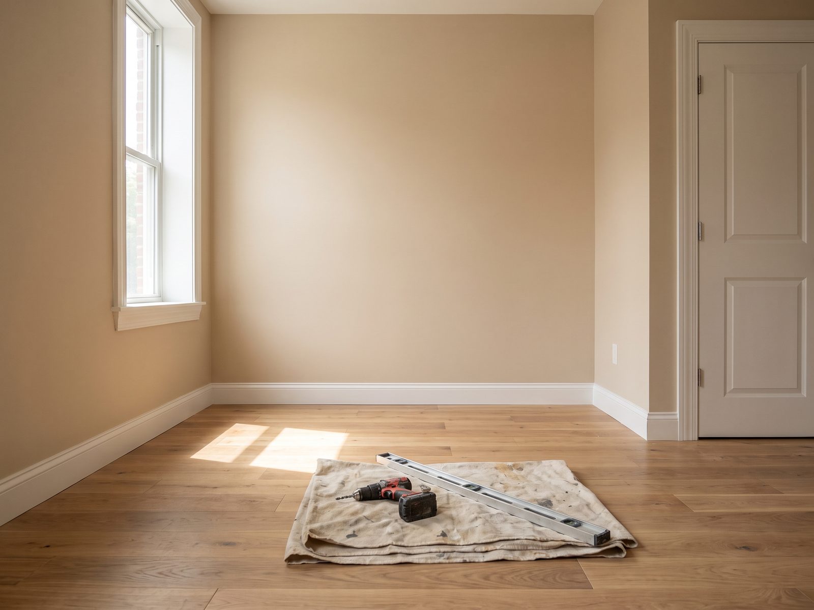 Finished room with new baseboard and a drop cloth Empty finished room with new white baseboard and wood floor, a cordless drill and a level on a drop cloth.