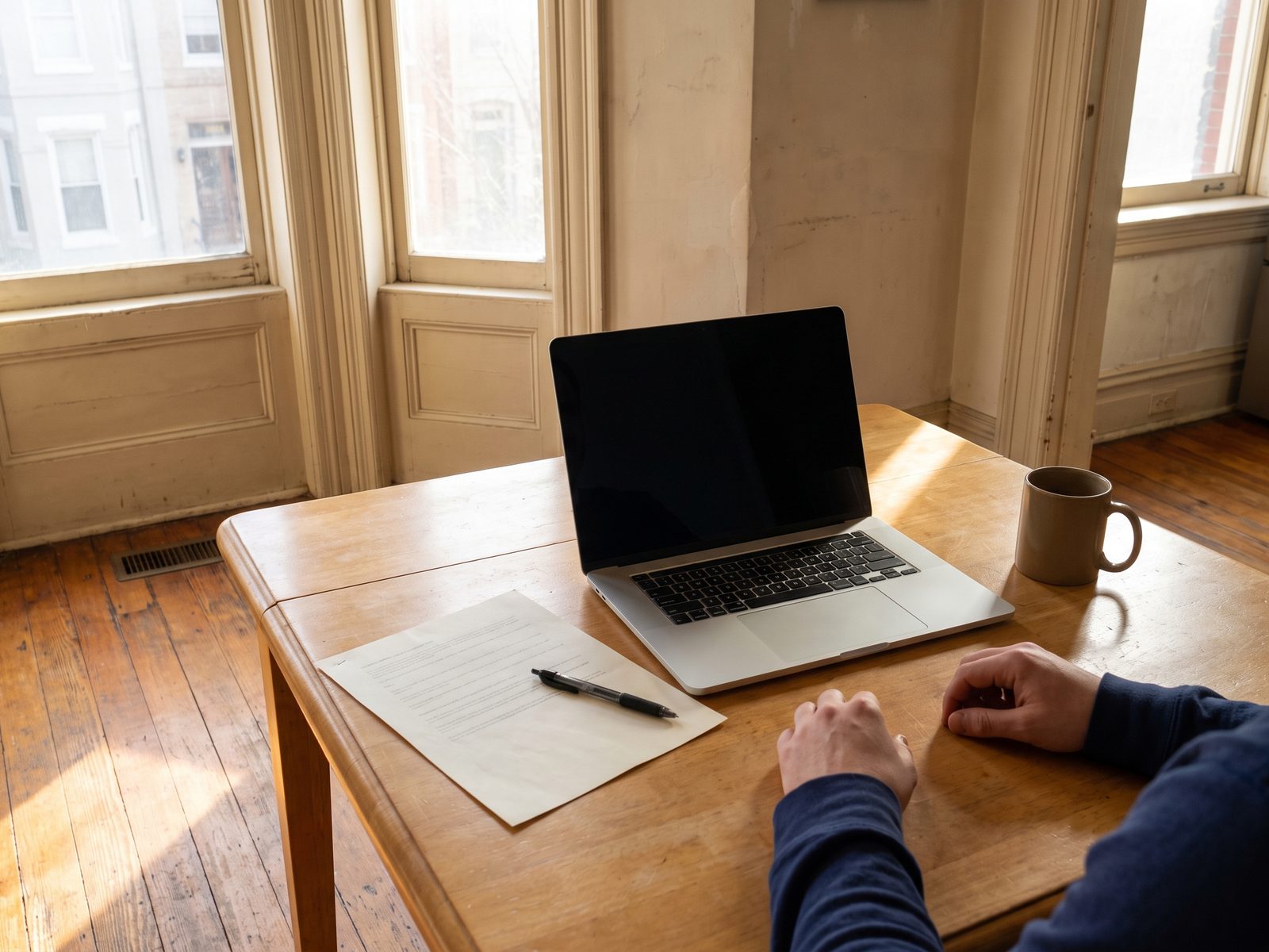 Reviewing a restoration estimate at a table Printed restoration estimate and a pen beside a laptop on a table in morning light, hands at the table edge.