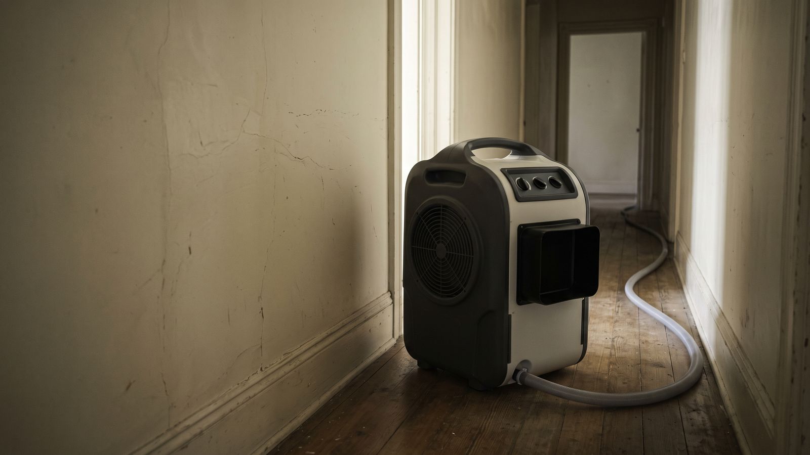Dehumidifier in a row house hallway A dehumidifier standing in a narrow row house hallway with its drain hose run along the baseboard.