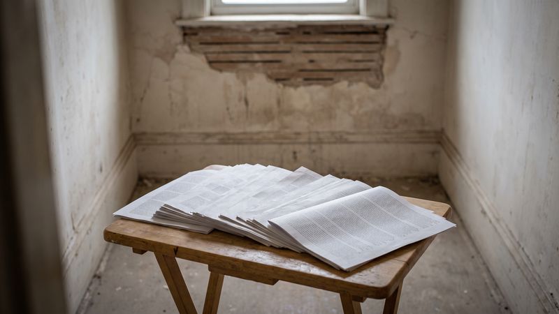 A multi-page invoice fanned across a folding table in a row house room with plaster broken away below the window.