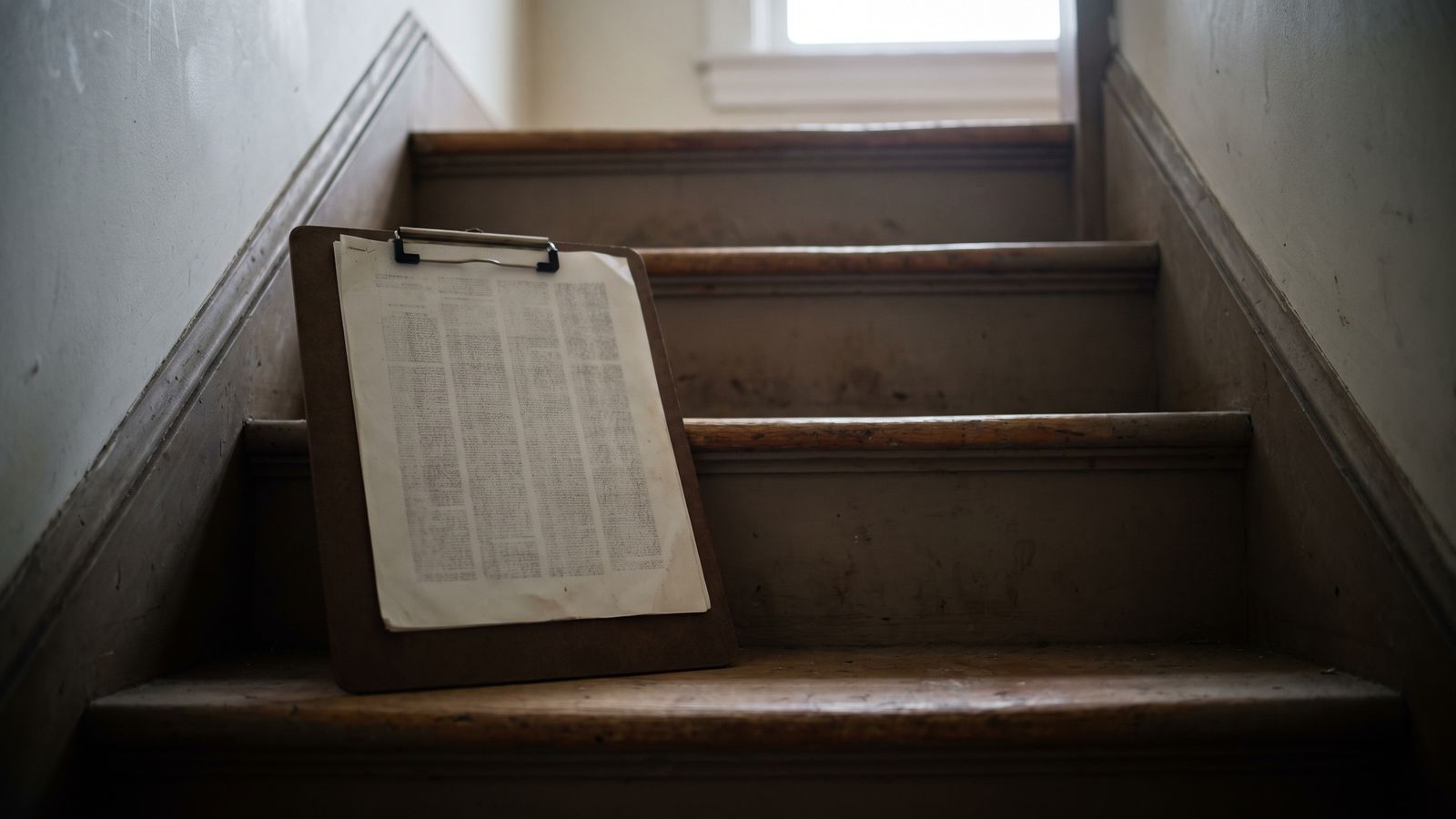 Clipboard propped on a stair tread A clipboard holding a printed sheet propped on a stair tread in a row house stairwell.