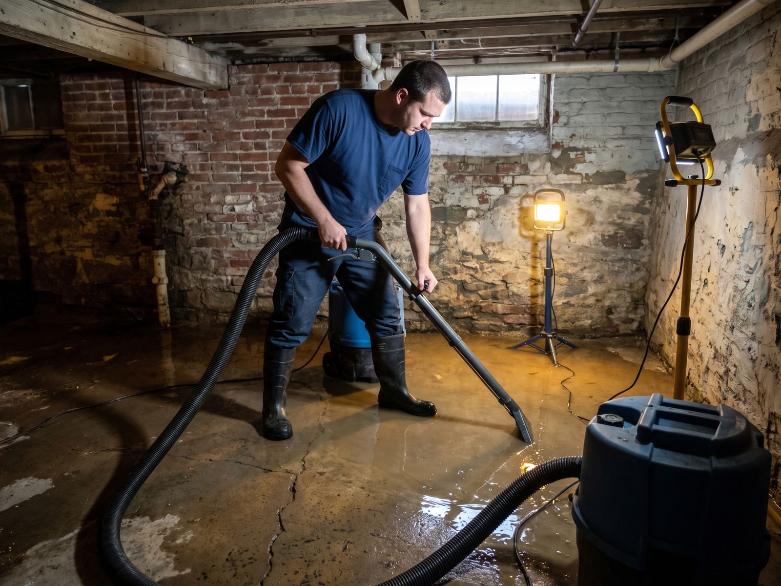 Restoration Doctor technician extracting standing water from an exposed-brick basement foundation in a Washington DC row house