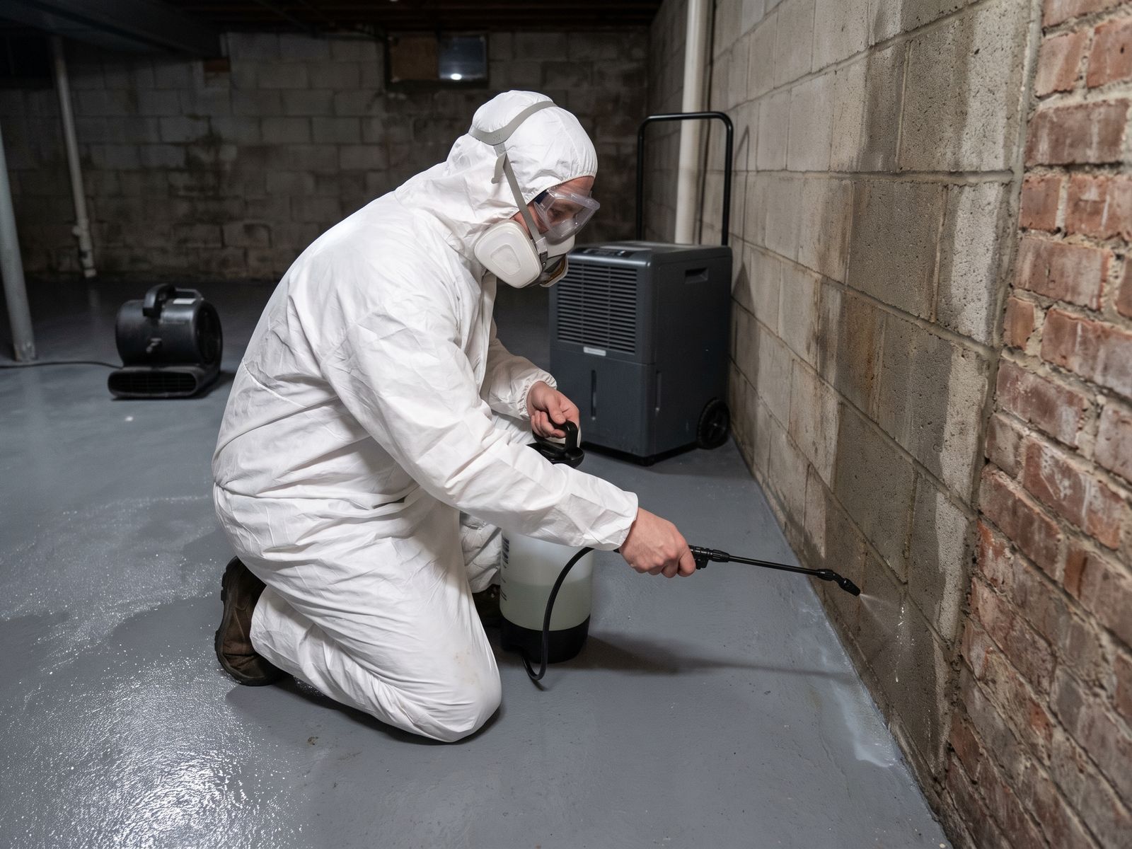 Restoration Doctor technician in full PPE disinfecting a foundation wall during post-sewage-backup cleanup at a Washington DC property