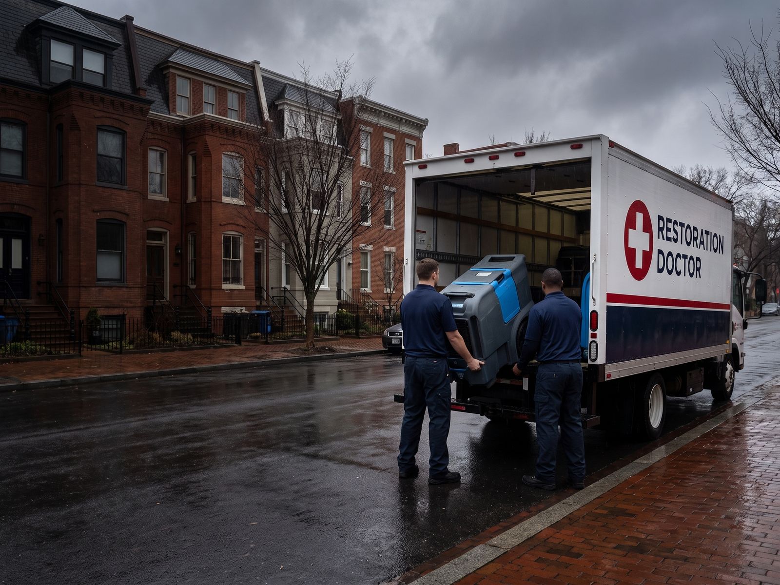 Restoration Doctor truck and crew arriving on a Washington DC row house block to begin emergency water damage restoration