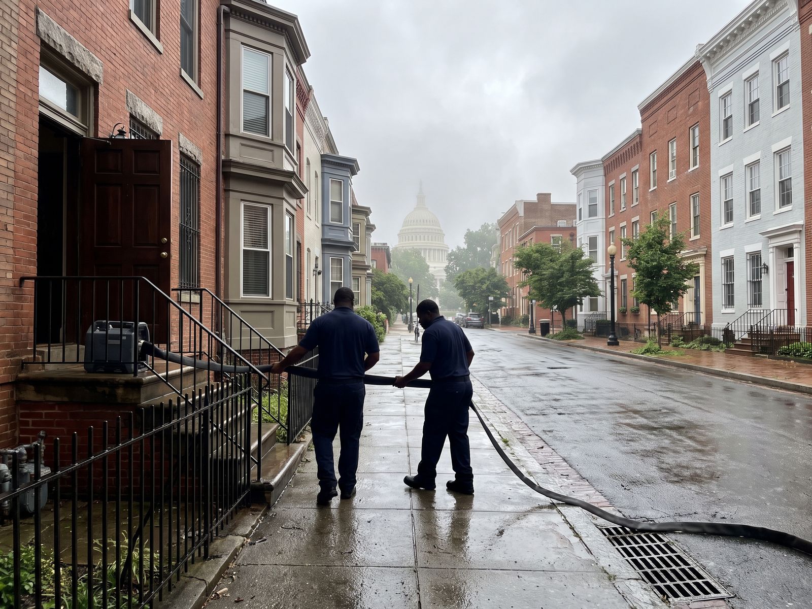Restoration Doctor crew running a water extraction hose from a Capitol Hill row house to the curb with the US Capitol dome visible down the street